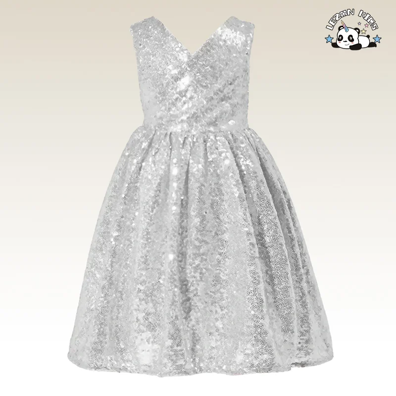 LEZONKIDS - Novo Vestido de Lantejoulas para Meninas, Saia Brilhante, Vestido de Malha Infantil, Vestido de Bolo com Laço Grande